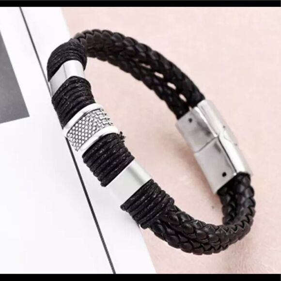COPY - UNISEX LEATHER BRAIDED METAL BRACELET - Picture 1 of 5